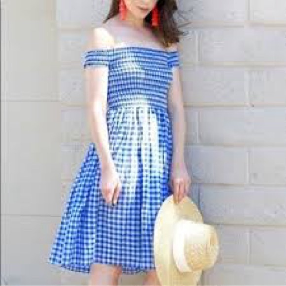J. Crew Blue Gingham Off-Shoulder Midi Dress - Picture 1 of 10